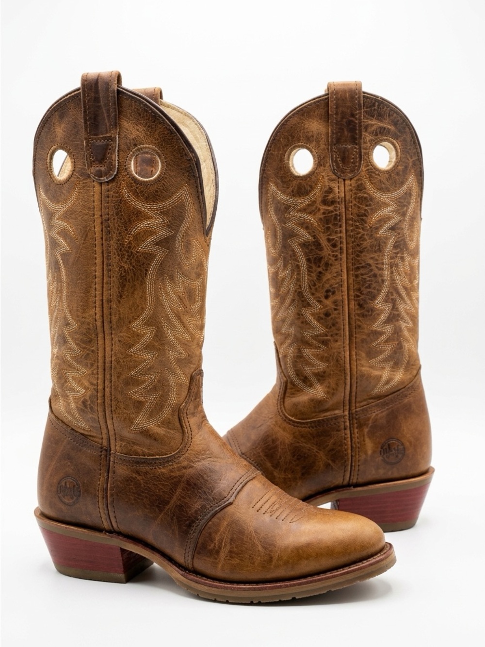 Double H Distressed Brown Leather Western Pull-On Boots with Red Heel